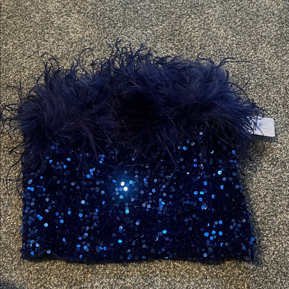 Line & Dot Blue Sequin Feather Top